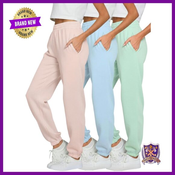 Women's Fleece Joggers 3-Pack Tapered Fit Side Pockets Drawstring Waist
